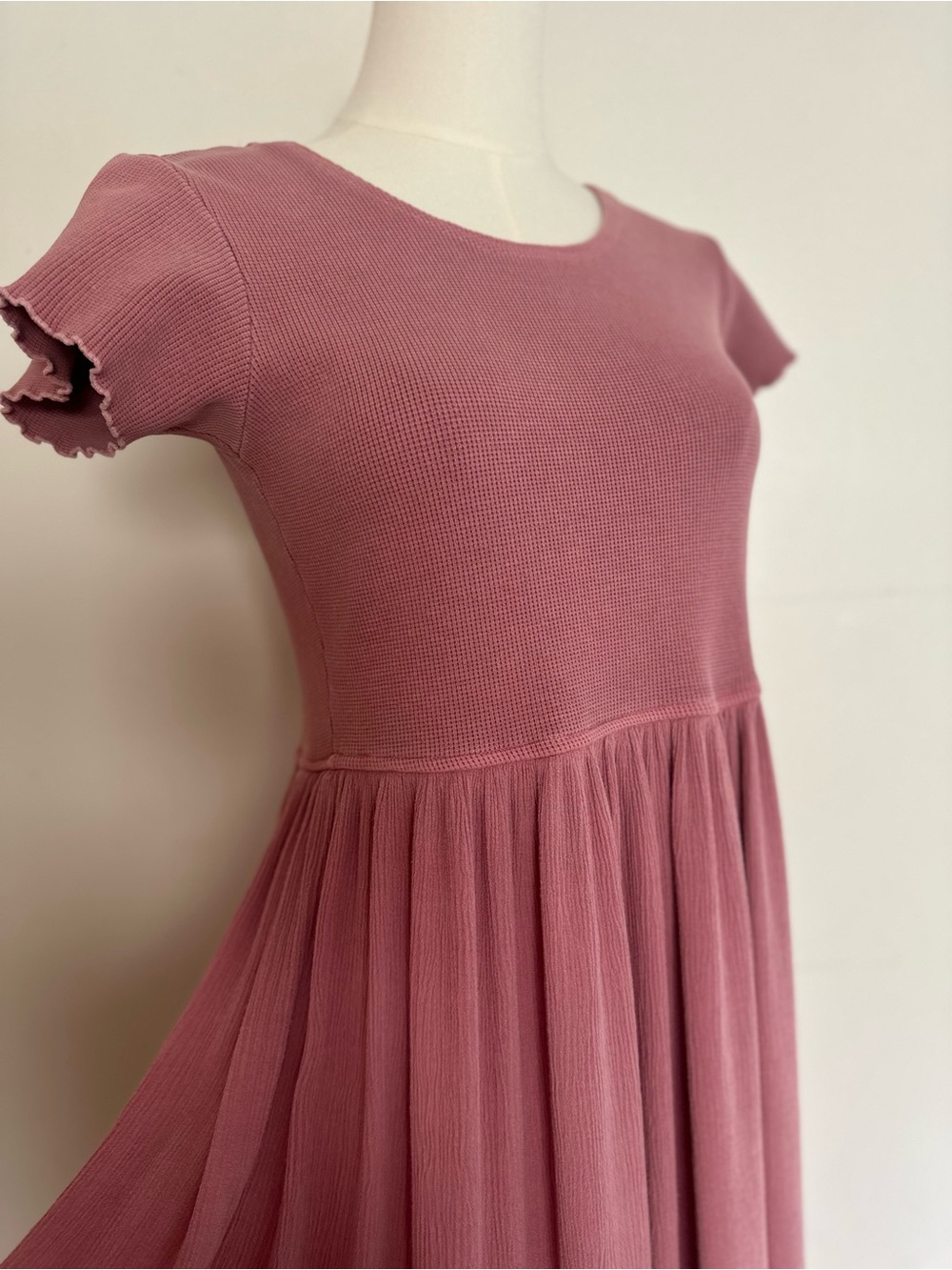 VTG 90s CHEROKEE Waffle Knit Babydoll Maxi Dress Cottagecore Pink Dusty Rose S - Picture 2 of 8